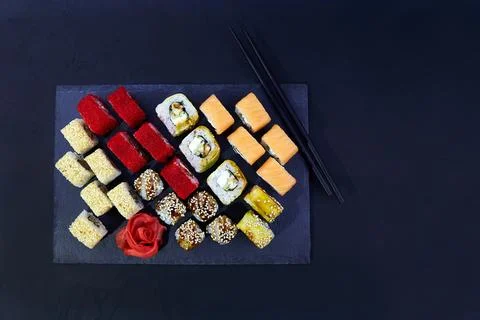 Big sushi set. Assorted set of various sushi rolls with tuna, salmon, eel Stock-Fotos