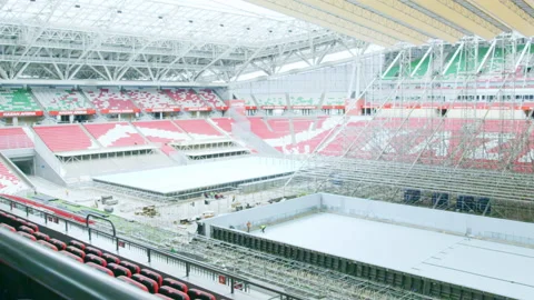 Big swimming pool in process of construction under roof Stock Footage 231224912