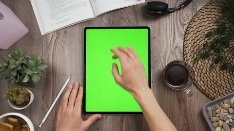Big tab with chroma key screen. Hand swipe up on touchscreen then shows thumb up Stock Footage 129390326