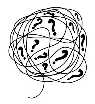 Big tangle of bubbles of confused thoughts with question marks. Vector linear Stock Illustration