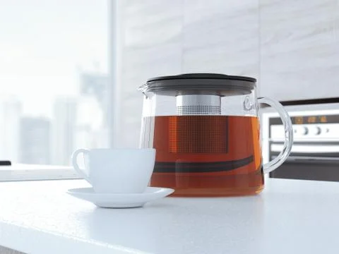 Big teapot with white cup on the table. 3d rendering 스톡 일러스트