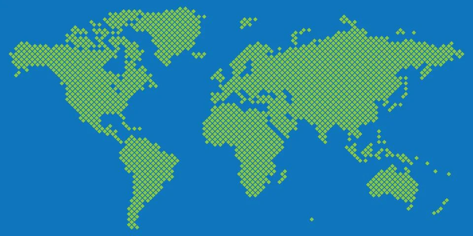 Big Tetragon world map vector green on blue Stock Illustration