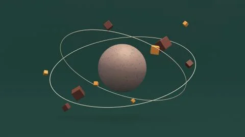 Big textured sphere and orbiting cubes. Green background. 3d render. Stock Illustration