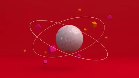 Big textured sphere and orbiting cubes. Red background. 3d render. Stock Illustration