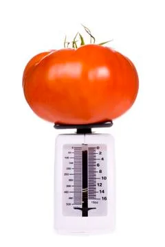 Big tomato on kitchen scale Stock Photos