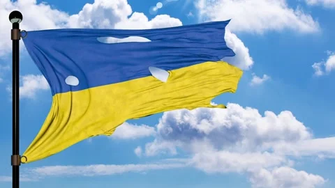 Big torn Ukrainian flag flutters in wind blue sky Video stock 172480944