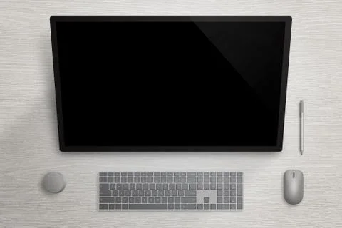 Big touch screen display on gray surface board. Pen, mouse, keyboard and dial Stock Photos