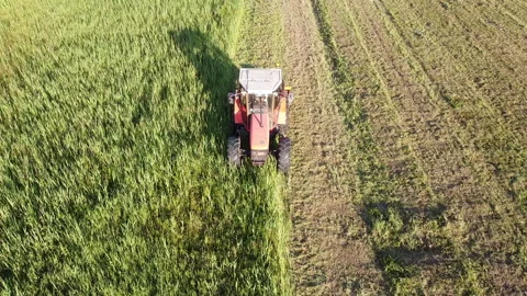 Big tractor with mowers mows the grass for silage farmer works in the meadows Stock Footage 130356953