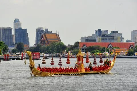 Big training of the Royal Barges Procession Stock Photos
