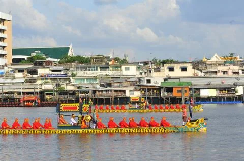 Big training of the Royal Barges Procession Stock Photos