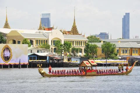 Big training of the Royal Barges Procession Stock Photos