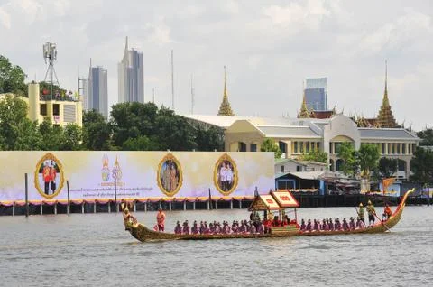 Big training of the Royal Barges Procession Stock Photos