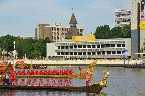 Big training of the Royal Barges Procession Stock Photos