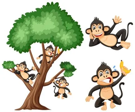 Big tree and silly monkeys on white background Stock Illustration