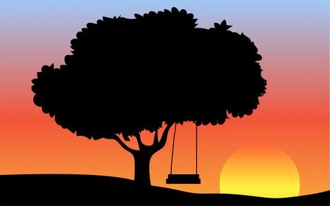 Big tree and swing in sunset background Illustrazione stock