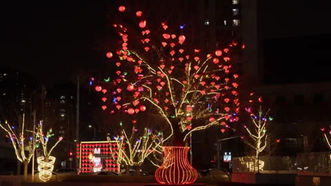Big tree decorated with Chinese red lanterns Stock Footage 259975549