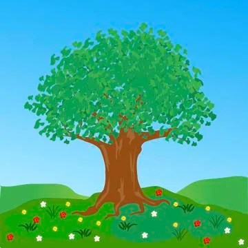 Big tree on glade with flower Stock Illustration