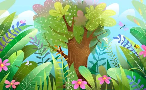 Big Tree in Magic Forest Scenery Kids Wallpaper Stock Illustration