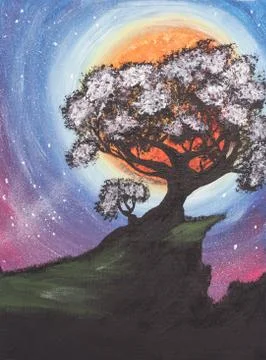 A big tree on a rock cliff. Abstract fantasy drawing. Stock Illustration