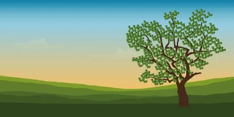 Big tree in summer green mountain landscape Illustrazione stock