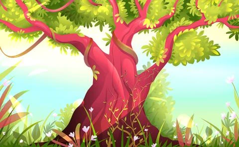 Big Tree in Summer Nature Scenery Wallpaper Stock Illustration