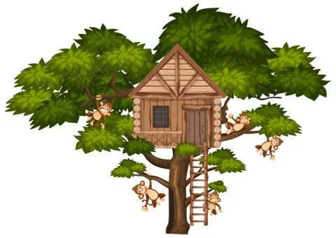 Big tree with treehouse and many monkeys on the branches Illustrazione stock