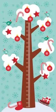 Big tree with white snow on the branches, birds, red christmas decorations Stock Illustration