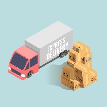 Big truck with stack of cardboard boxes isolated on light background. Stock Illustration