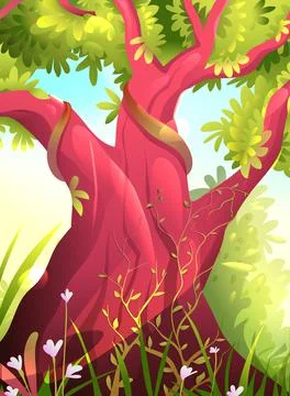 Big Trunk Tree in Summer Nature Scenery Background Stock Illustration