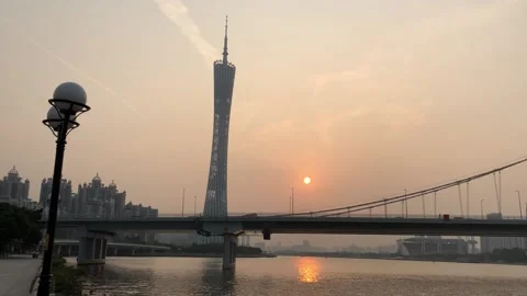 Big TV tower, arch bridge and skyscrapers at night Stock Footage 136183548