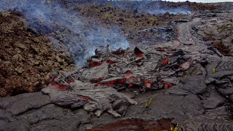 Big ugly lava flow front Day daytime Glowing Hot flow from Kilauea Active Stock Footage 81591408