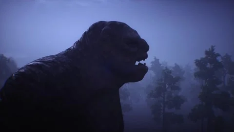 Big ugly scary troll, goblin walk in night fog forest. Horror mystic concept. Vídeos de archivo 296303551