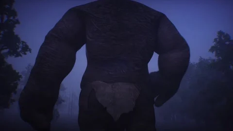 Big ugly scary troll, goblin walk in night fog forest. Horror mystic concept. Stock-Footage 296303571