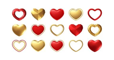 Big Valentines Day Set of different realistic gold, red hearts isolated on white Stock Illustration