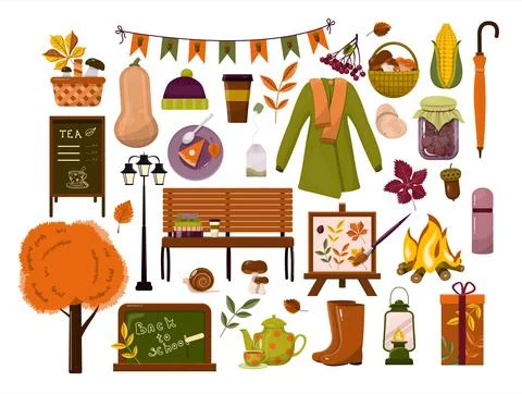 Big vector autumn set. Cartoon cliparts. Template backgrounds with pupmkin pie Stock Illustration