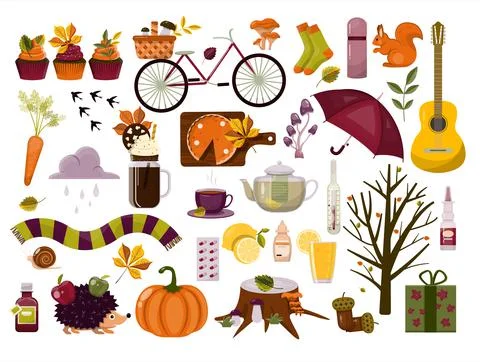 Big vector autumn set. Cartoon cliparts. Template backgrounds with pupmkin pie 스톡 일러스트