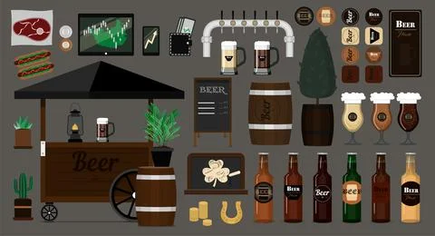 Big vector beer set. Items for the interior and exterior of the bar. Flat vector Stock Illustration