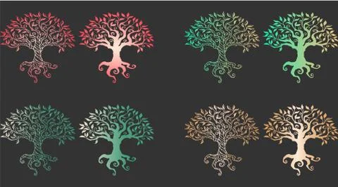 Big Vector collection of stylish neon tree of life silhouettes on a gray Stock Illustration