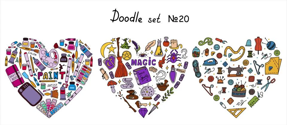 Big vector doodle sewing, magical, paint sets. Vector tailoring, halloween Stock Illustration