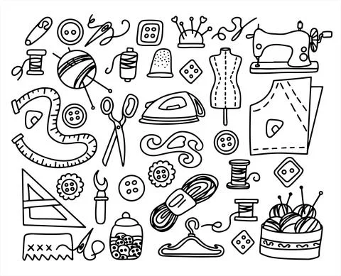 Big vector doodle sewing set. Vector tailoring tools icons. Sewing mannequin Stock Illustration