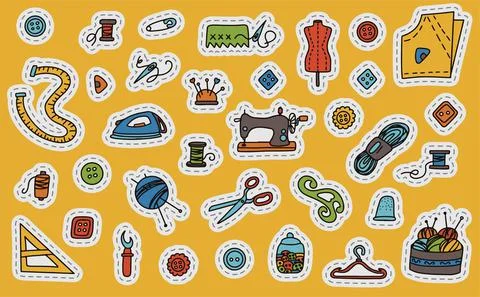 Big vector doodle sewing set of stickers. Vector tailoring tools icons. Sewing Stock Illustration