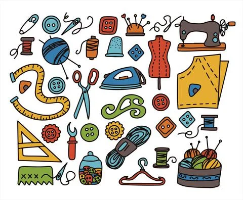 Big vector doodle sewing set. Vector tailoring tools icons. Sewing mannequin Stock Illustration