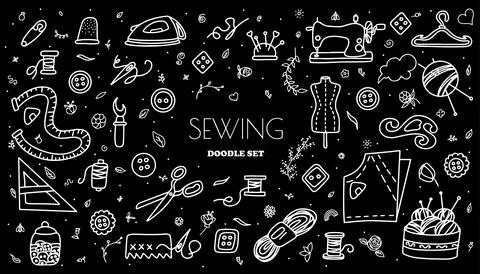 Big vector doodle sewing set. Vector tailoring tools icons. Sewing mannequin Stock Illustration