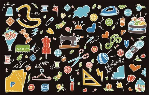 Big vector doodle sewing set. Vector tailoring tools icons. Sewing mannequin Stock Illustration