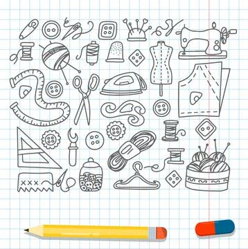 Big vector doodle sewing set. Vector tailoring tools icons. Sewing mannequin Stock Illustration