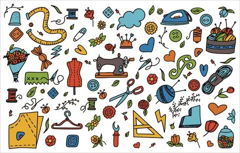 Big vector doodle sewing set. Vector tailoring tools icons. Sewing mannequin Stock Illustration