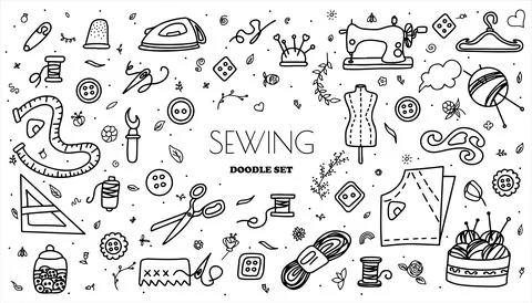 Big vector doodle sewing set. Vector tailoring tools icons. Sewing mannequin Stock Illustration