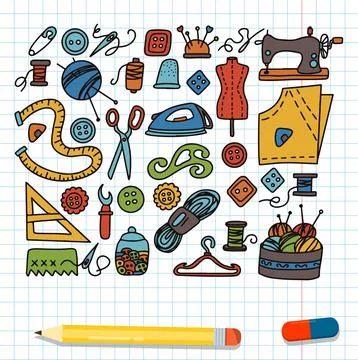 Big vector doodle sewing set. Vector tailoring tools icons. Sewing mannequin Stock Illustration