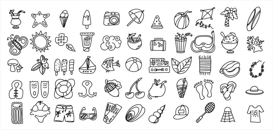 A Big vector doodle summer set. Accessories for beach holidays by the sea. Flat Illustrazione stock