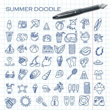 A Big vector doodle summer set. Hand draw accessories for beach holidays by the Illustrazione stock